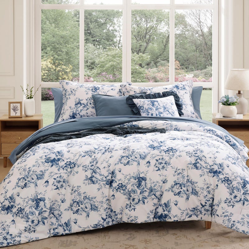 BLOOMHAVEN Queen Comforter Set -7 Pieces Floral Blue Comforter Set for All Seasons, Bed in a Bag Queen with Botanical Flowers Comforter, Sheets, Pillowcases & Shams - Image 1