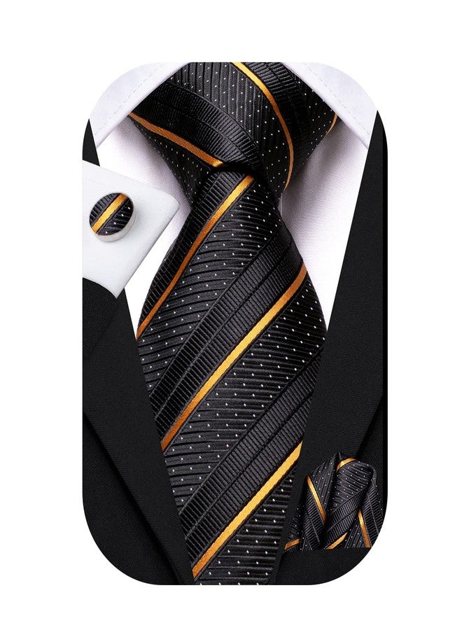 Hi-Tie Men's 70" Extra Long Ties Black and Gold Silk Striped Formal Necktie Pocket Square Cufflinks Set for Wedding Business - Image 1