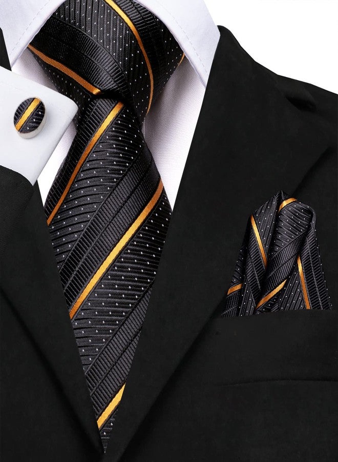Hi-Tie Men's 70" Extra Long Ties Black and Gold Silk Striped Formal Necktie Pocket Square Cufflinks Set for Wedding Business - Image 4