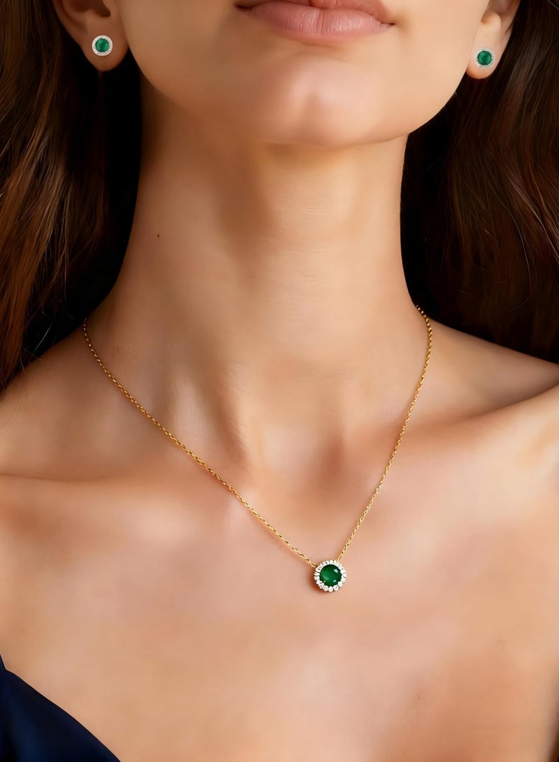 S925 الفضة مطلية 14K الذهب قلادة ، سلسلة حلوة مع قلادة الزمرد الاصطناعية 8mm للمرأة ، هدية المجوهرات الأنيقة والريترو الماس الفاخر المضغوط القراط المستديرة - Image 1