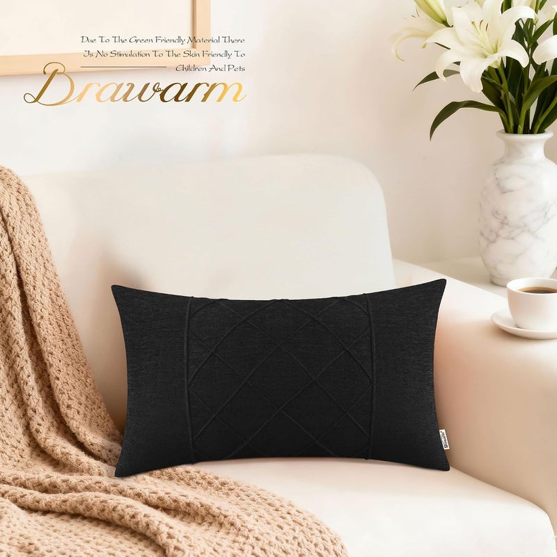 BRAWARM Throw Pillow Covers 12x20 Inches - Black Pleated Chenille Pillow Covers, Pack of 2 Solid Dyed Soft Chenille Pillow Cases for Couch Sofa Bed Home Decoration - Image 2