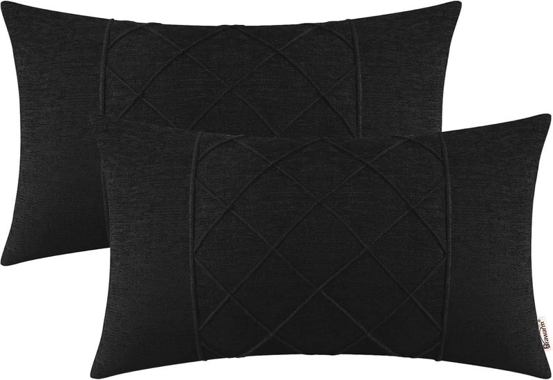 BRAWARM Throw Pillow Covers 12x20 Inches - Black Pleated Chenille Pillow Covers, Pack of 2 Solid Dyed Soft Chenille Pillow Cases for Couch Sofa Bed Home Decoration - Image 1