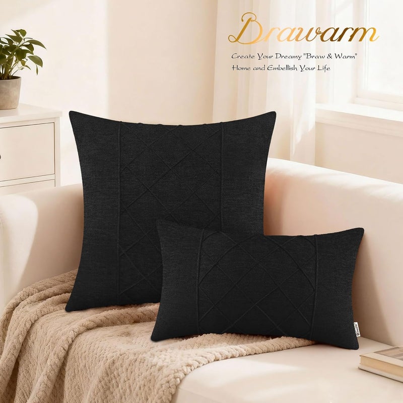 BRAWARM Throw Pillow Covers 12x20 Inches - Black Pleated Chenille Pillow Covers, Pack of 2 Solid Dyed Soft Chenille Pillow Cases for Couch Sofa Bed Home Decoration - Image 3