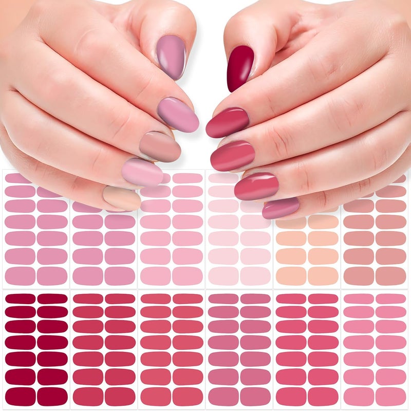 DANNEASY DANNEASY 12 Sheets Nail Polish Stickers Full Nail Wraps for Women Solid Color Fingernails Wraps Self Adhesive Nail Polish Strips Gel Nail Strips with Nail File, Cuticle Stick - Pink