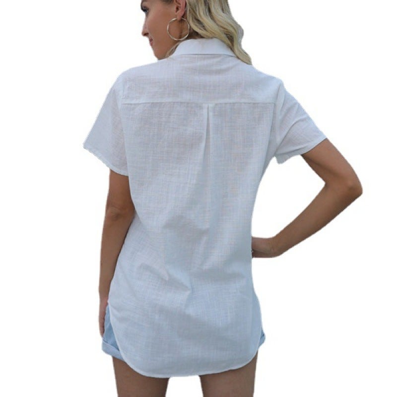 2021 spring and autumn Europe and the United States solid color casual loose short-sleeved linen shirt spot colorLight blue XXL - Image 5