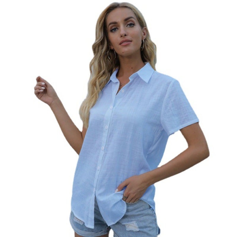 2021 spring and autumn Europe and the United States solid color casual loose short-sleeved linen shirt spot colorLight blue XXL - Image 3