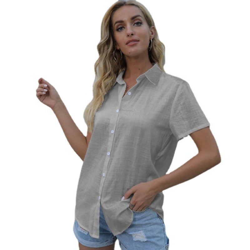2021 spring and autumn Europe and the United States solid color casual loose short-sleeved linen shirt spot colorLight blue XXL - Image 2