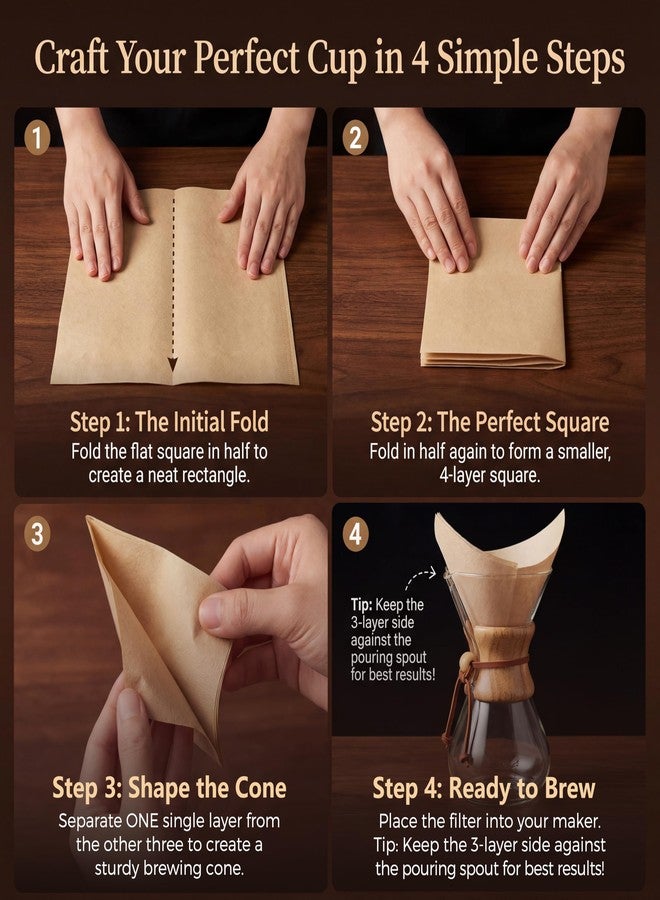 AGOGO Square Coffee Filters for Pour Over Maker (Unfolded), 100% Japanese Wood Fiber Natural Paper, Compatible with Chemex 8/10/13 Cup, DIY Foldable Design, Unbleached Natural, 100 Count - Image 4
