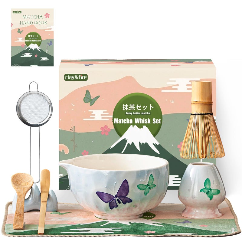 Clay&Fire ClayFire Matcha Whisk Set9 Pcs Ceramic Matcha Set 15 OZ Matcha Bowl with Spout and WhiskMatcha Kit for Friend Ideal Gift for Matcha LoverButterfly - Image 2