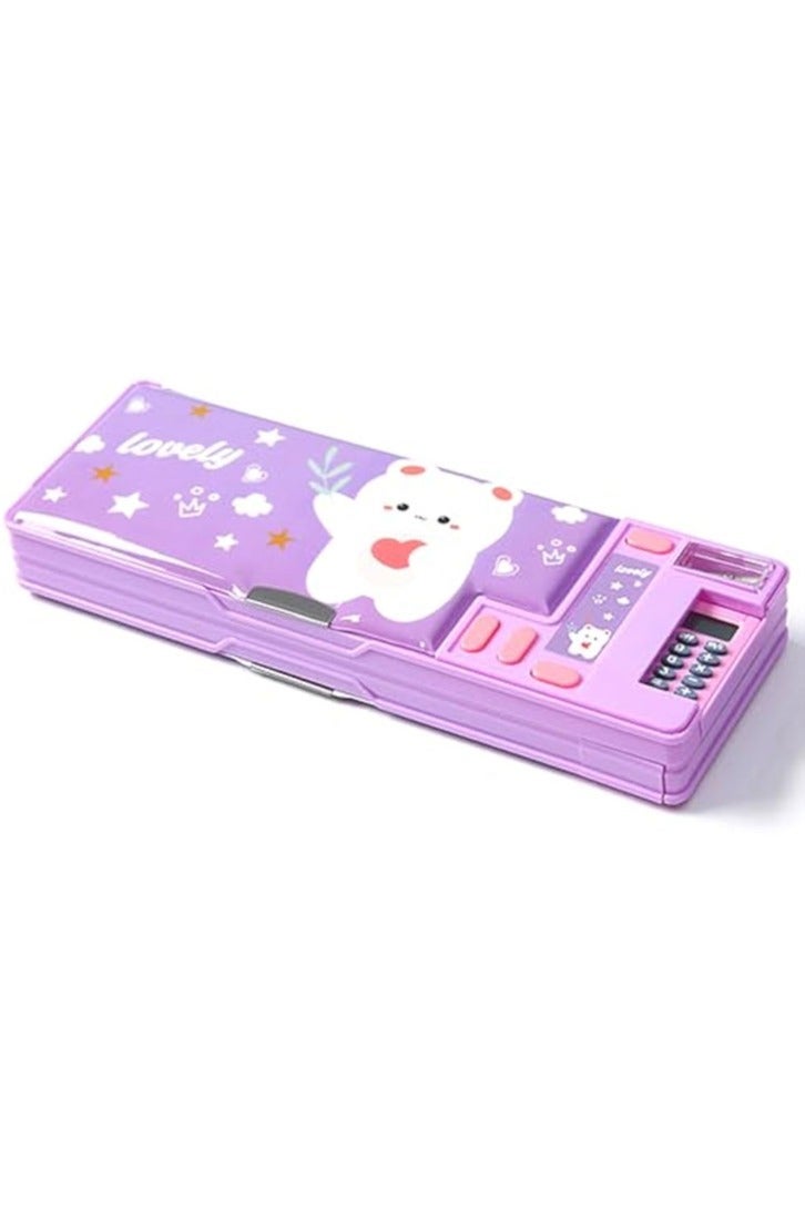 Pop Up Multifunction Pencil Case, Cute Cartoon Pen Box Organizer Stationery with Calculators, Sharpener, Schedule, School Supplies, Best Birthday Gifts for Kids Teens (Purple Bear) - Image 1
