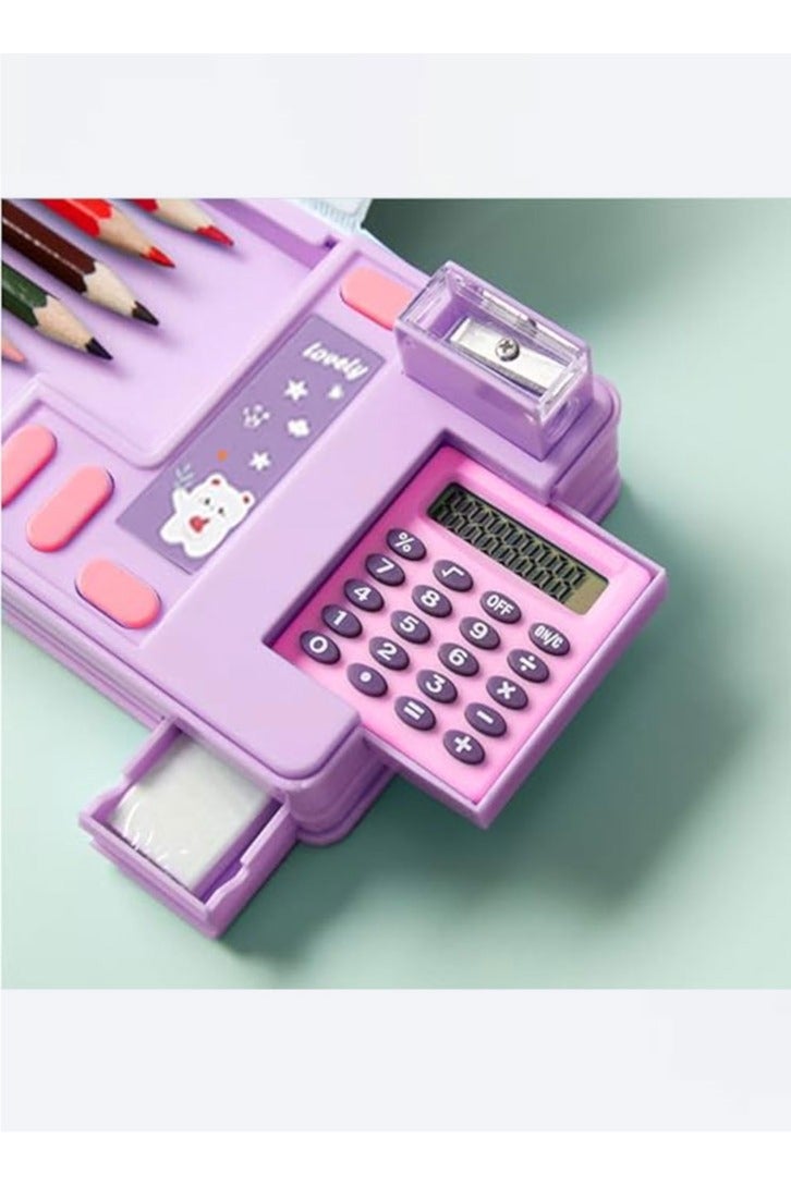 Pop Up Multifunction Pencil Case, Cute Cartoon Pen Box Organizer Stationery with Calculators, Sharpener, Schedule, School Supplies, Best Birthday Gifts for Kids Teens (Purple Bear) - Image 2