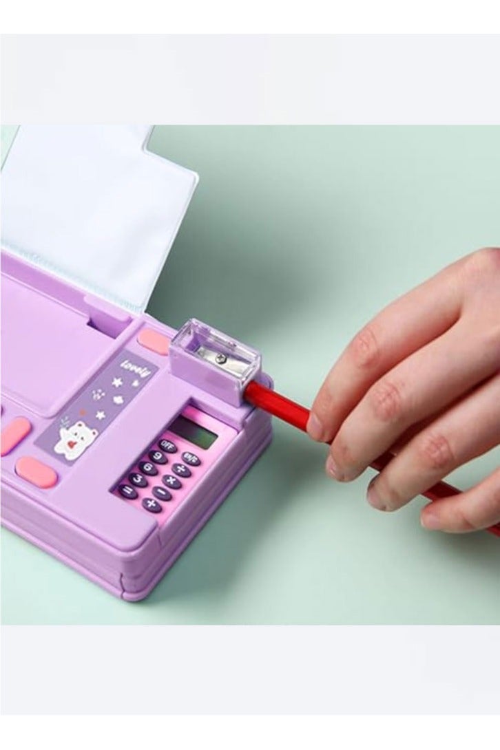 Pop Up Multifunction Pencil Case, Cute Cartoon Pen Box Organizer Stationery with Calculators, Sharpener, Schedule, School Supplies, Best Birthday Gifts for Kids Teens (Purple Bear) - Image 4