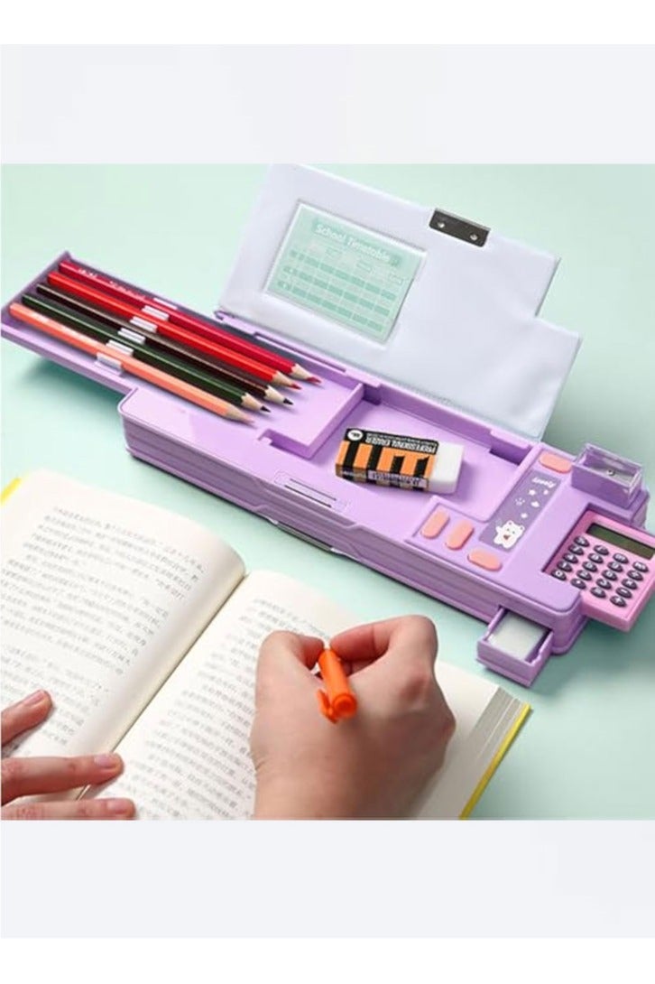 Pop Up Multifunction Pencil Case, Cute Cartoon Pen Box Organizer Stationery with Calculators, Sharpener, Schedule, School Supplies, Best Birthday Gifts for Kids Teens (Purple Bear) - Image 5