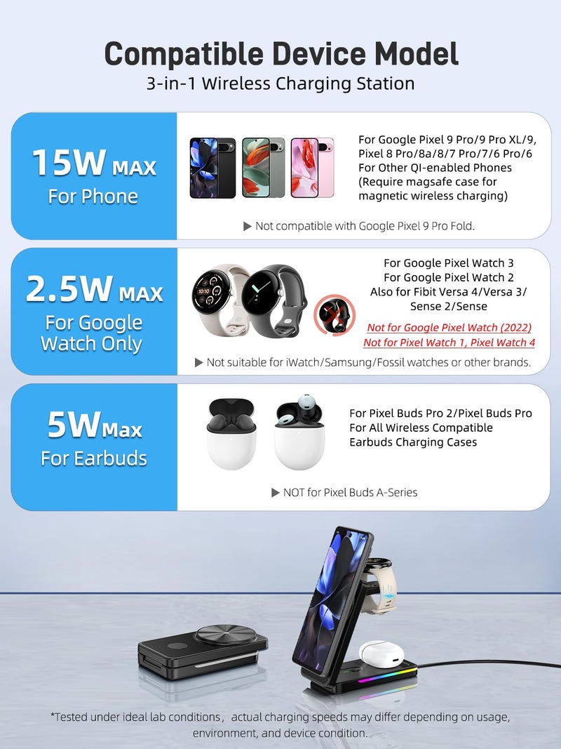 NeotrixQI Magnetic Wireless Charger for Google Pixel Watch 3/2, 3 in 1 Foldable Wireless Charging Station for Google 10/10 Pro XL/10 Pro/9/8/7/6, Pixel Buds Pro 2(Not Pixel Watch 4/1) with Adapter - Image 4