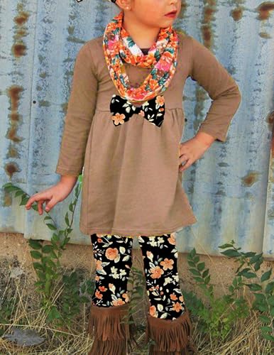 Yekaty Little Girls Clothing Set Kids Soft Crewneck Long Sleeve Outfits With Bowknot Khaki Tops+Floral Loose Pants Sets - Image 3