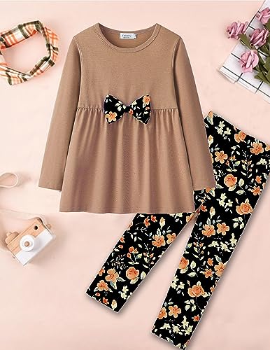 Yekaty Little Girls Clothing Set Kids Soft Crewneck Long Sleeve Outfits With Bowknot Khaki Tops+Floral Loose Pants Sets - Image 5