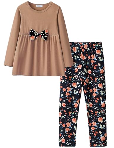 Yekaty Little Girls Clothing Set Kids Soft Crewneck Long Sleeve Outfits With Bowknot Khaki Tops+Floral Loose Pants Sets - Image 1