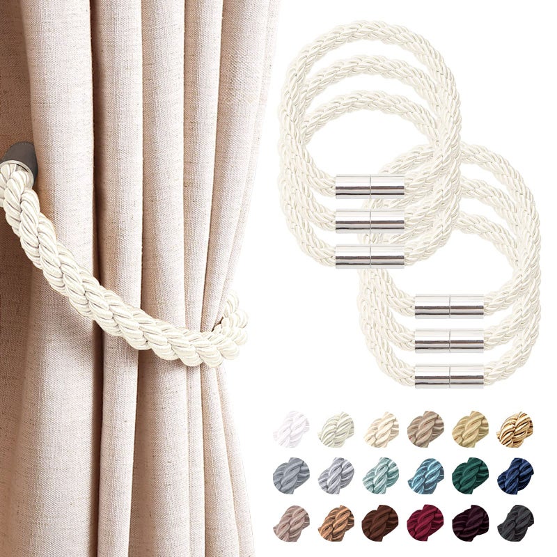 NICEEC 6 Pack Strong Magnetic Curtain Tiebacks Modern Simple Style Drape Tie Backs Convenient Decorative Weave Rope Curtain Holdbacks for Thin or Thick Home  Office Window Draperies CreamyWhite