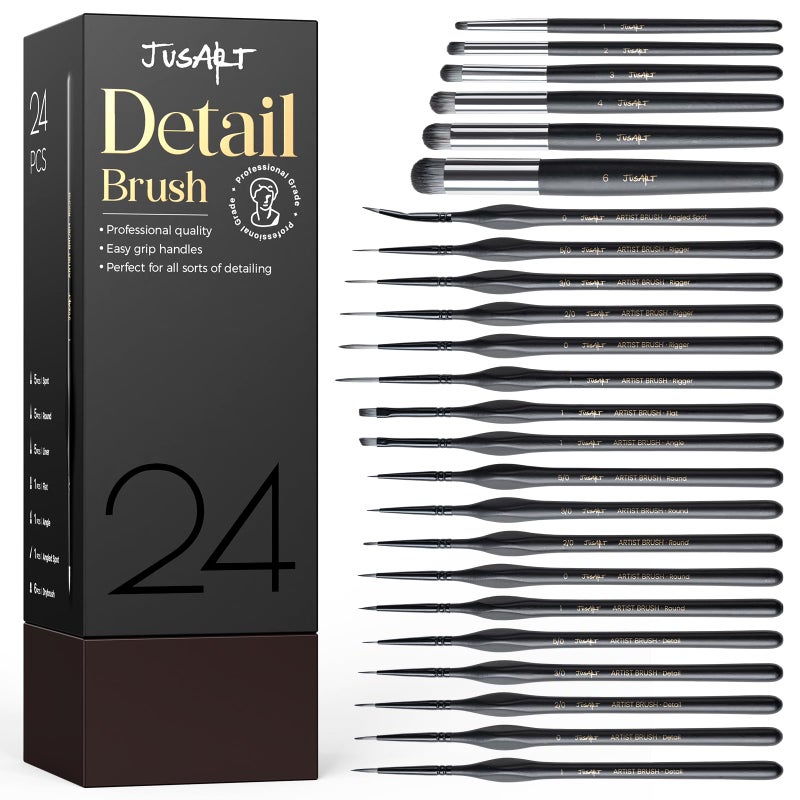JusArt 24-Piece Detail Paint Brush Set, Miniature Paint Brushes for Models, Acrylic Oil Watercolor, Professional Fine Detail Brushes for Adults & Miniature Painters - Image 1