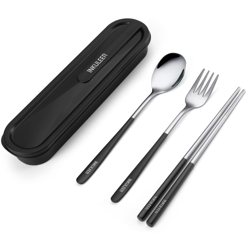 INKULEER Travel cutlery set 188 stainless steel cutlery Reusable utensils set with case Portable Silverware Lunch Box for Camping and Office