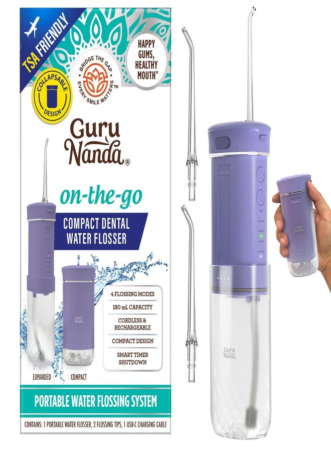 GuruNanda Compact Water Dental Flosser, Portable Travel Size Oral Irrigator Flosser with Collapsible 180 ml Tank, Smart Timer, 4 Flossing Modes, TSA-Friendly - Lavender - Image 1