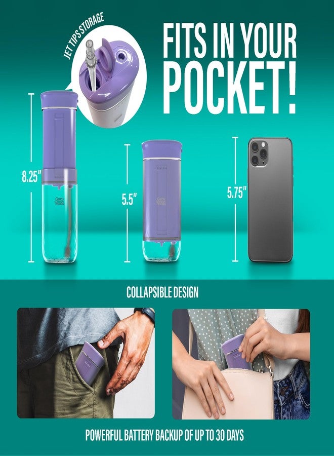 GuruNanda Compact Water Dental Flosser, Portable Travel Size Oral Irrigator Flosser with Collapsible 180 ml Tank, Smart Timer, 4 Flossing Modes, TSA-Friendly - Lavender - Image 2