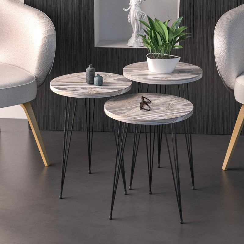 PAK HOME Set of 3 Marble Look Wood Nesting End Tables - Round Stacking Coffee Side Tables for Small Spaces, Nightstand Bedside Table with Metal Legs for Bedroom, Living Room, Office (GRAY MARBLE) - Image 3
