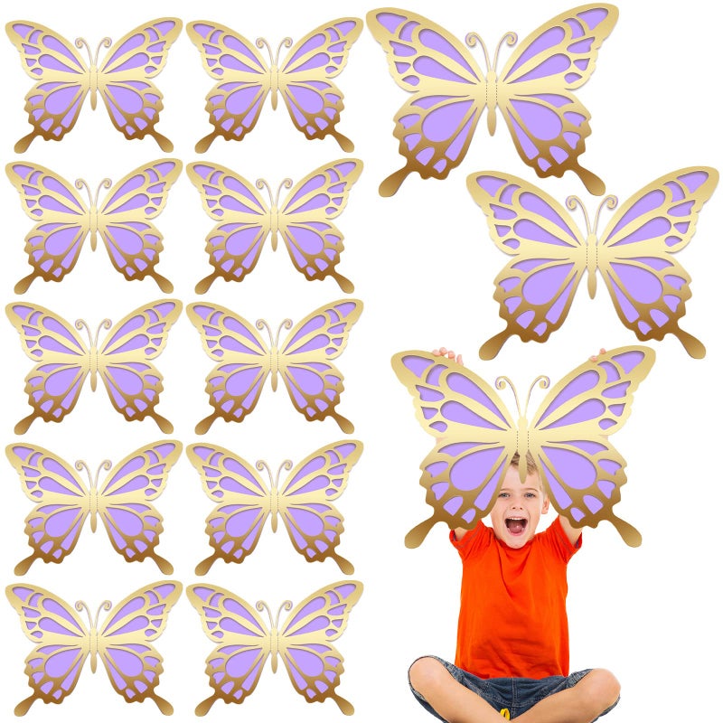Geyee 12 Pcs 3D Large Butterfly Party Decoration Paper Butterfly Stickers in 2 Different Size Wall Mural Set for Birthday Baby Shower Nursery Bedroom Wedding(Gold and Purple) - Image 1