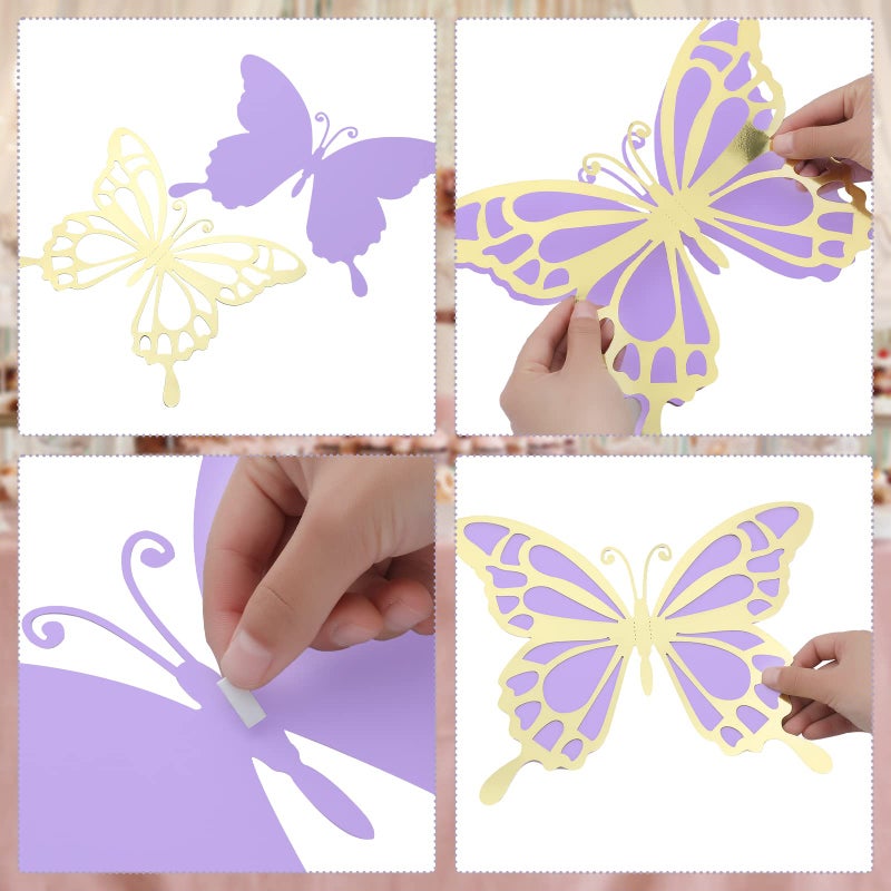 Geyee 12 Pcs 3D Large Butterfly Party Decoration Paper Butterfly Stickers in 2 Different Size Wall Mural Set for Birthday Baby Shower Nursery Bedroom Wedding(Gold and Purple) - Image 3