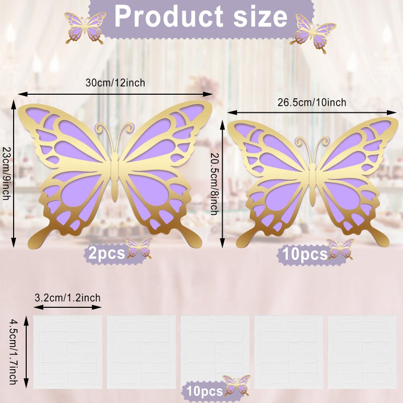 Geyee 12 Pcs 3D Large Butterfly Party Decoration Paper Butterfly Stickers in 2 Different Size Wall Mural Set for Birthday Baby Shower Nursery Bedroom Wedding(Gold and Purple) - Image 2