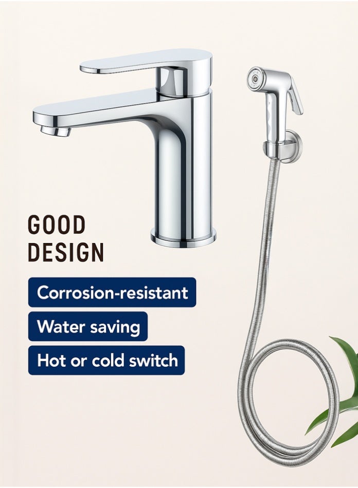 MODI Bathroom Essentials Set – Basin Mixer Tap + Hand Shattaf Sprayer | Modern Design | Easy DIY Installation | Chrome Finish - Image 1