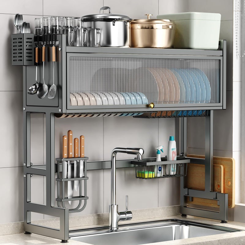 CUISIBOT Over The Sink Dish Drying Rack with Cover, Over The Sink Dish Drainer Drying Rack 3 Tier Dish Rack, Keep Kitchen Sink Shlef Organized Space-Saving for Dishes and Cutlery (Matte Gray, 33.4" Length) - Image 1