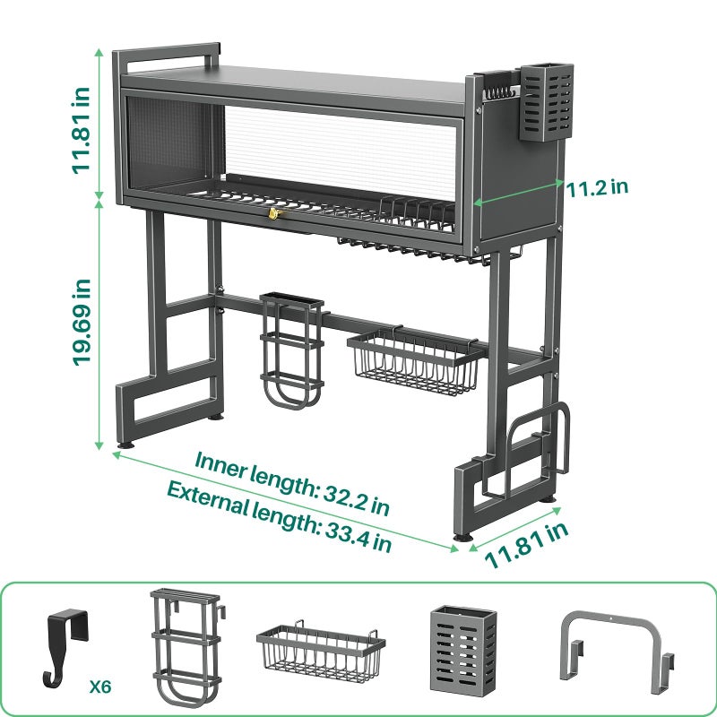 CUISIBOT Over The Sink Dish Drying Rack with Cover, Over The Sink Dish Drainer Drying Rack 3 Tier Dish Rack, Keep Kitchen Sink Shlef Organized Space-Saving for Dishes and Cutlery (Matte Gray, 33.4" Length) - Image 4