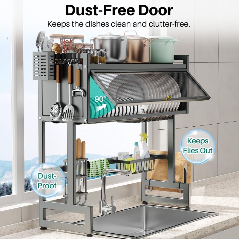 CUISIBOT Over The Sink Dish Drying Rack with Cover, Over The Sink Dish Drainer Drying Rack 3 Tier Dish Rack, Keep Kitchen Sink Shlef Organized Space-Saving for Dishes and Cutlery (Matte Gray, 33.4" Length) - Image 2