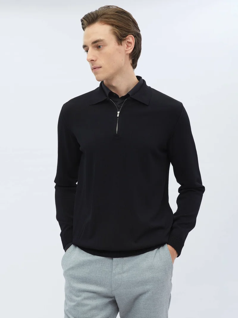 Kip Black Polo Neck Plain Knit Sweater