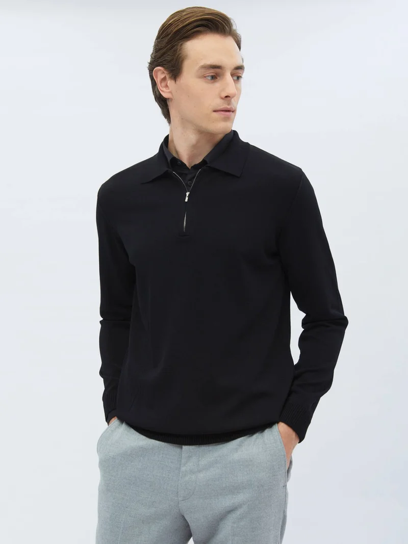 Kip Black Polo Neck Plain Knit Sweater