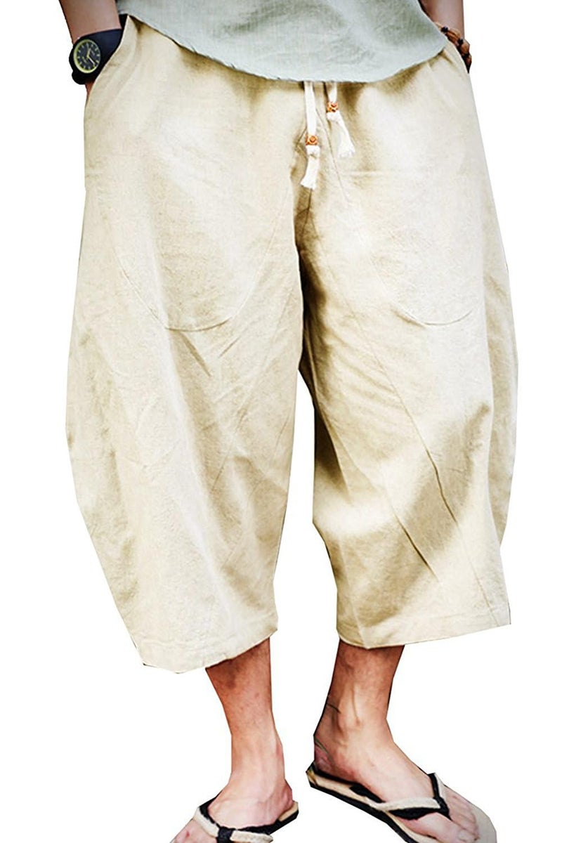 KAMUON Mens Casual Baggy Cotton Linen Pocket Lounge Harem Pants Beach Long Shorts US XL Asian Tag 4XL Waist 3739 Beige - Image 2