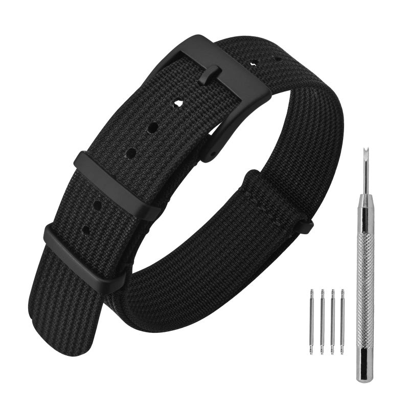 ANNEFIT Nylon Watch Band 20mm OnePiece Waterproof Military Watch Straps with Heavy Black Buckle Black - Image 2