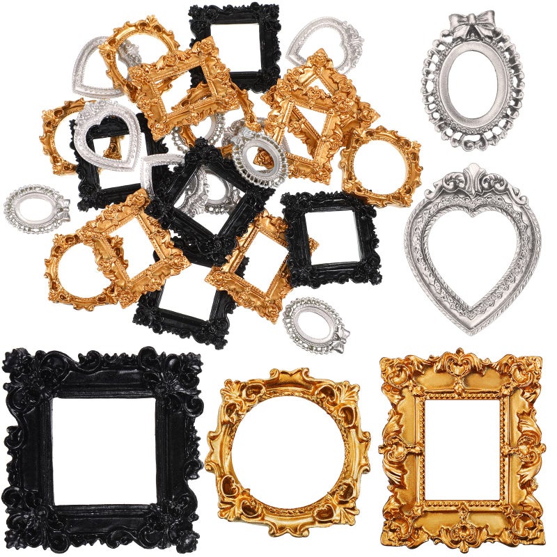 Vicenpal 25 Pcs Vintage Resin Picture Frame Antique Mini Resin Jewelry Display Photography DIY Small Photo Frame for Photo Home Decoration BlackGoldSilver