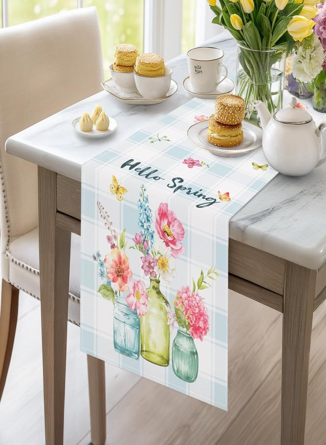 Bonhause Spring Floral Vase Bloom Table Runner 13x90 Inch Hello Spring Flower Butterfly Buffalo Plaid Kitchen Dining Table Decoration for Indoor Outdoor Home Party Decor - Image 3