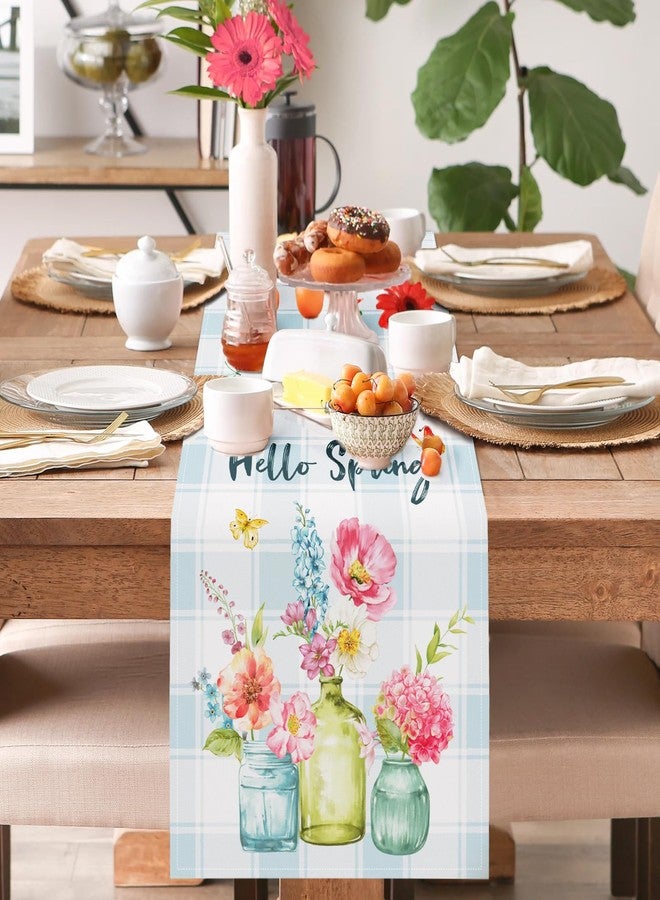 Bonhause Spring Floral Vase Bloom Table Runner 13x90 Inch Hello Spring Flower Butterfly Buffalo Plaid Kitchen Dining Table Decoration for Indoor Outdoor Home Party Decor - Image 2