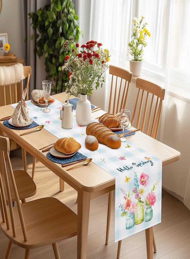 Bonhause Spring Floral Vase Bloom Table Runner 13x90 Inch Hello Spring Flower Butterfly Buffalo Plaid Kitchen Dining Table Decoration for Indoor Outdoor Home Party Decor - Image 4