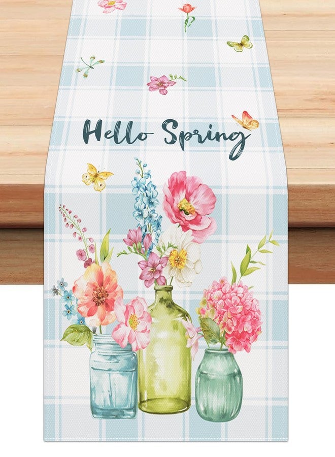 Bonhause Spring Floral Vase Bloom Table Runner 13x90 Inch Hello Spring Flower Butterfly Buffalo Plaid Kitchen Dining Table Decoration for Indoor Outdoor Home Party Decor - Image 1