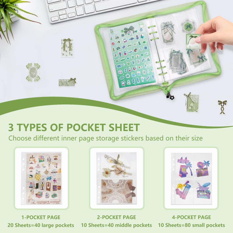 Ruatu Sticker Storage Organizer Binder A5 Sticker Book Collecting Album Reusable Sticker Collection Book with Pocket Zipper Sticker Holder Keeper Book for Adult Collecting Sticker (green) - Image 3