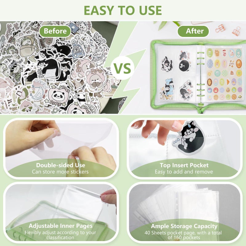 Ruatu Sticker Storage Organizer Binder A5 Sticker Book Collecting Album Reusable Sticker Collection Book with Pocket Zipper Sticker Holder Keeper Book for Adult Collecting Sticker (green) - Image 4