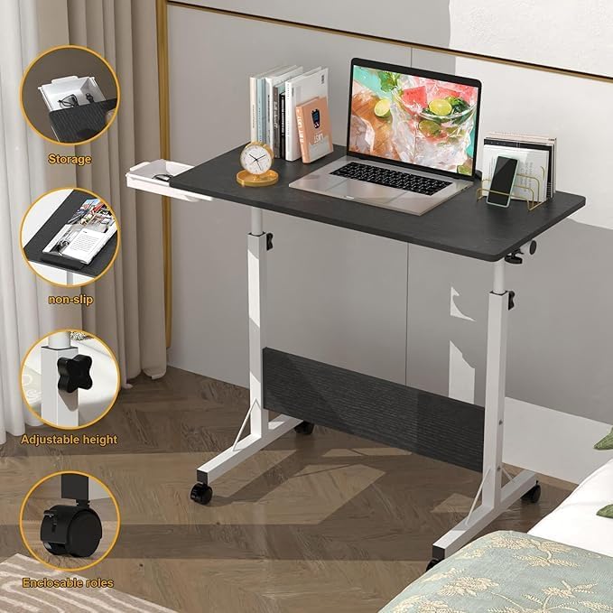 Harmony Home طاولة مكتب متنقلة هارموني هوم، ارتفاع قابل للتعديل، طاولة لابتوب قابلة للطي متعددة الوظائف مع 4 عجلات لغرفة النوم، غرفة المعيشة، المكتب، المستشفى، الاستوديو (أسود) - Image 3