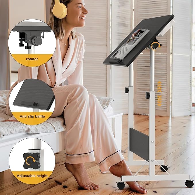 Harmony Home طاولة مكتب متنقلة هارموني هوم، ارتفاع قابل للتعديل، طاولة لابتوب قابلة للطي متعددة الوظائف مع 4 عجلات لغرفة النوم، غرفة المعيشة، المكتب، المستشفى، الاستوديو (أسود) - Image 2