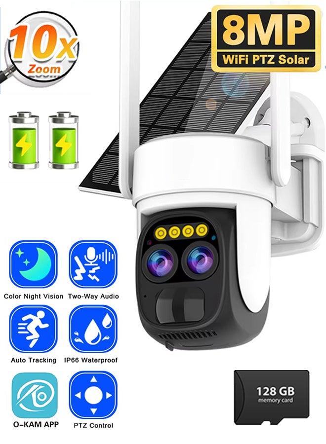 Generic 10x zoom Surveillance Solar Camera, 4K 8MP Solar Camera WIFI, Outdoor Dual Lens intelligent human tracking camera, three types of intelligent night vision (up to 30 meters), two-way talk, rainproof, lightning-proof and dustproof, all-round monitoring coverage without blind spots,(With 128GB SD Card) - Image 1