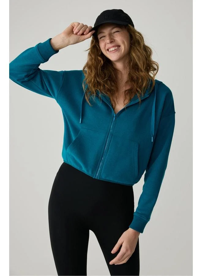 Charisma Women’s Hooded Relaxed Zip-Up Blue Sweatshirt with Print Details.
