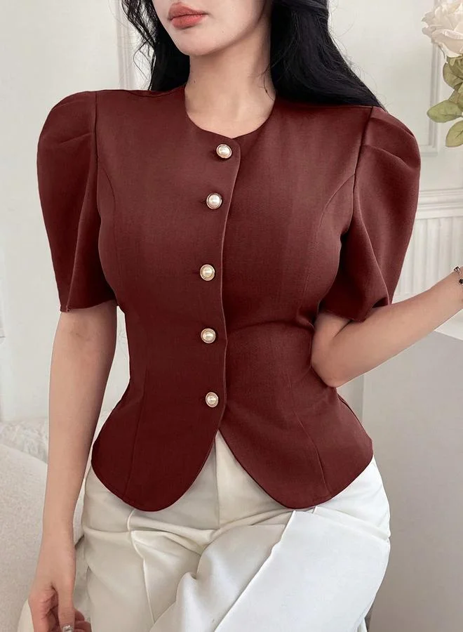 Take Two Take Two Solid Puff Sleeve Button Front Top